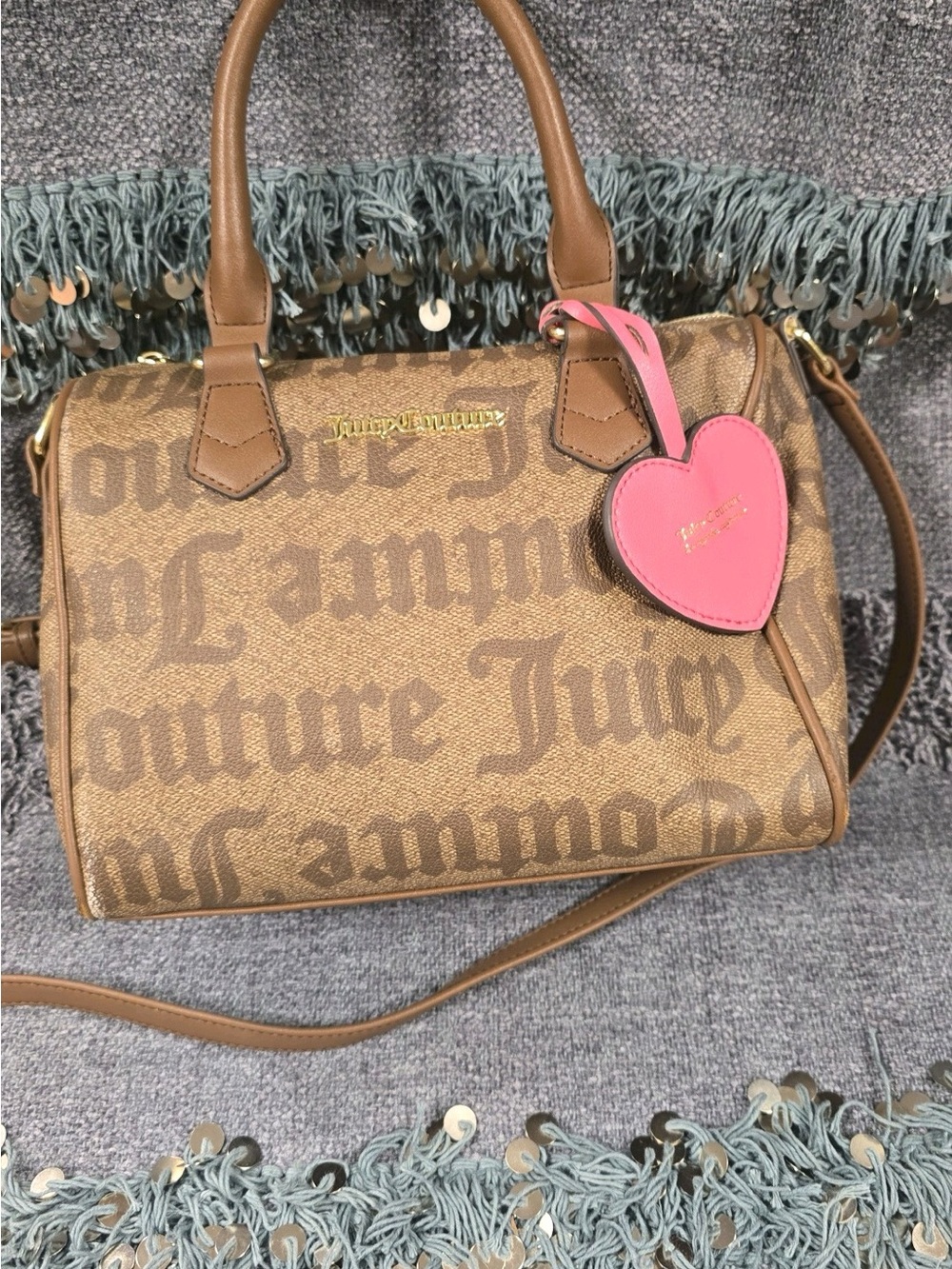 Juicy Couture Brown Logo Crossbody Satchel with Pink Heart Tag